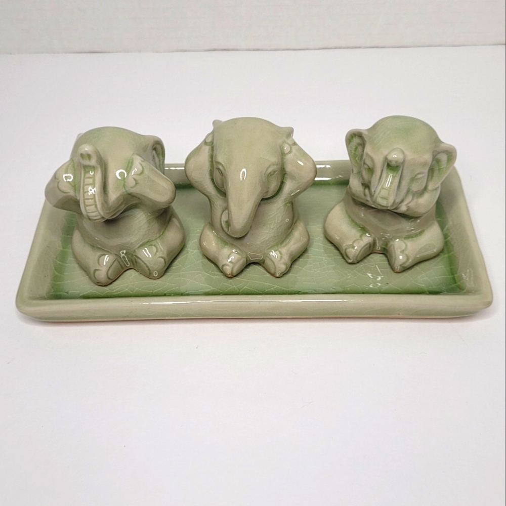 Elephant Life Lessons Celadon Ceramic Figurines Vintage Set of Three with Tray